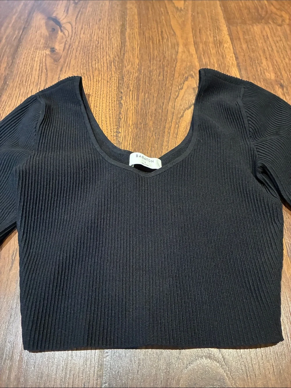 Babaton Black Ribbed Long-Sleeve Scoop Crop Top